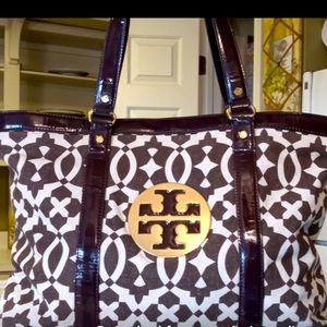 Tory Burch Brown/Gold Patent Leather/Canvas Tote